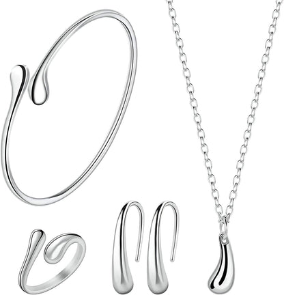 Jewelry Set for Women, 925 Silver Chain Necklace Bracelet Earrings Ring, Sterling Silver Hi-shiny Tear Drop Design Pendant Jewelry Gifts for Birthday Mother's Day Valentine’s Day, Girl Wife Friend