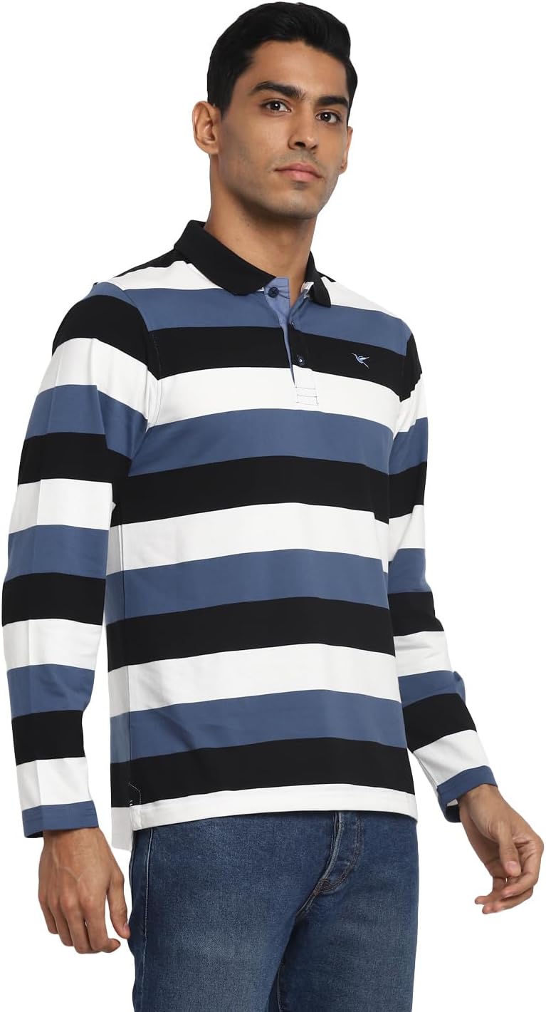 Deniklo Men's Polo Collar Full Sleeves Striped T-Shirt with Embroidery DK 240