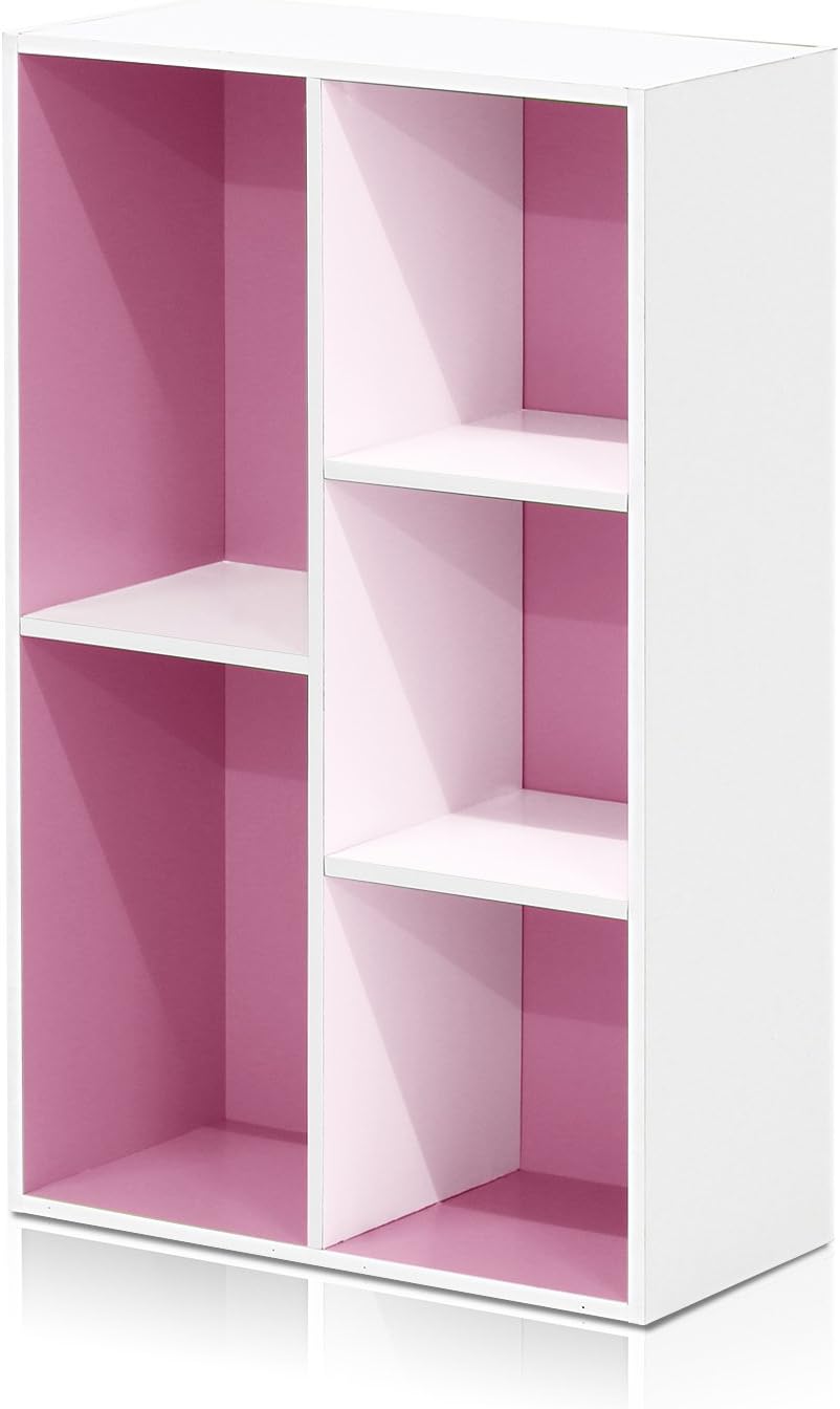 Furinno 5-Tier Reversible Color Open Shelf Bookcase, White/Pink 11055WH/PI