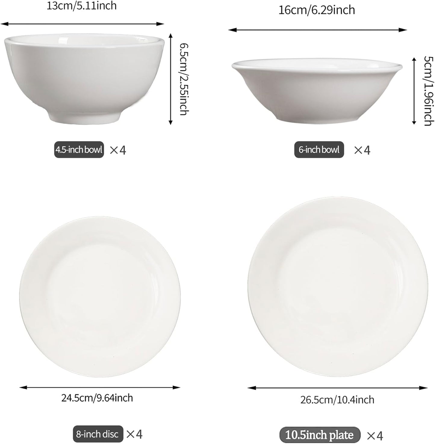 Techplus 16-Piece White Ceramic Dinnerware Set – 10.5 Inch & 9 Inch Plates, 6 Inch & 5 Inch Bowls – Microwave, Dishwasher, Oven Safe – Elegant Minimalist Tableware for Dining and Entertaining