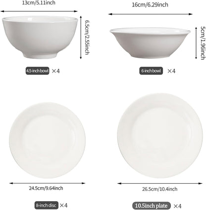 Techplus 16-Piece White Ceramic Dinnerware Set – 10.5 Inch & 9 Inch Plates, 6 Inch & 5 Inch Bowls – Microwave, Dishwasher, Oven Safe – Elegant Minimalist Tableware for Dining and Entertaining