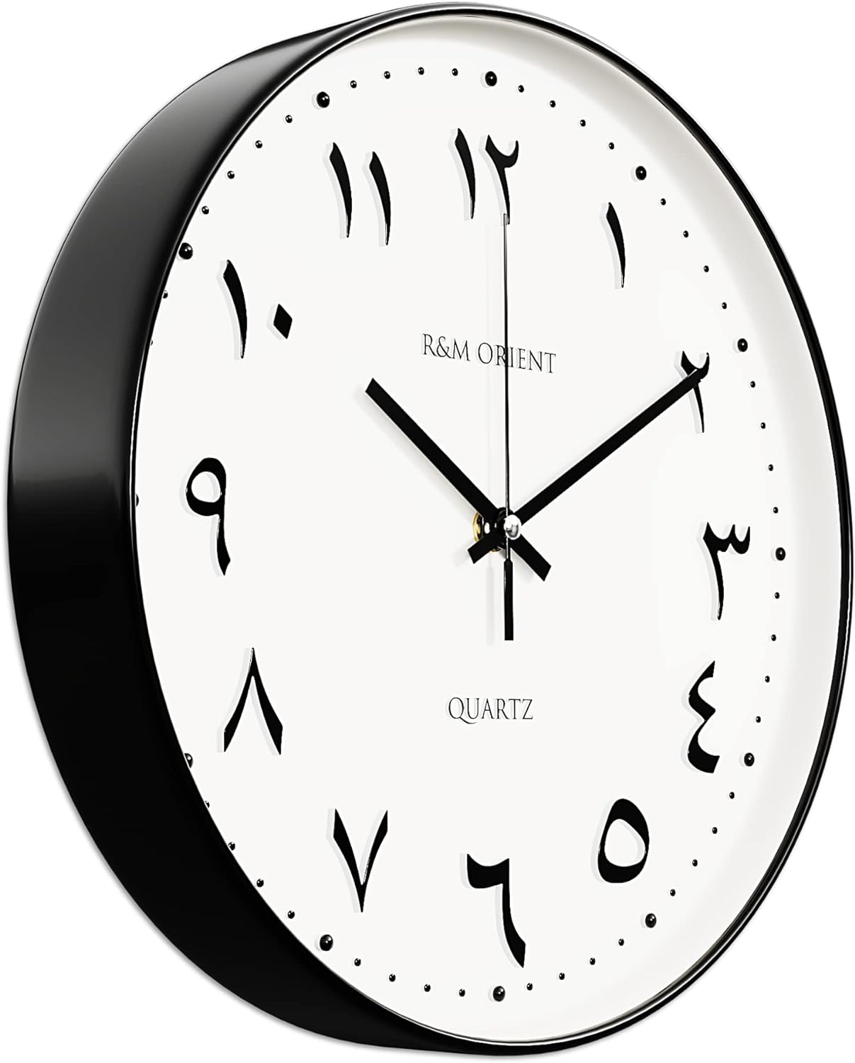 R&M ORIENT 30cm Arabic Wall Clock Round with creeping hands without ticking noise, silent quartz movement, easy to read, large wall clock for living room, office, kitchen, restaurant (Silver/Black)