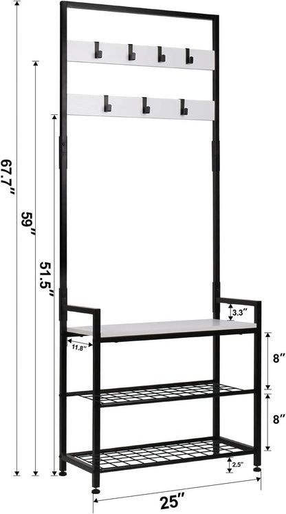 HOMEKOKO Coat Rack Shoe Bench, Hall Tree Entryway Storage Bench, Wood Look Accent Furniture with Metal Frame, 3-in-1 Design 25"L x 12"W x 68"H Brown