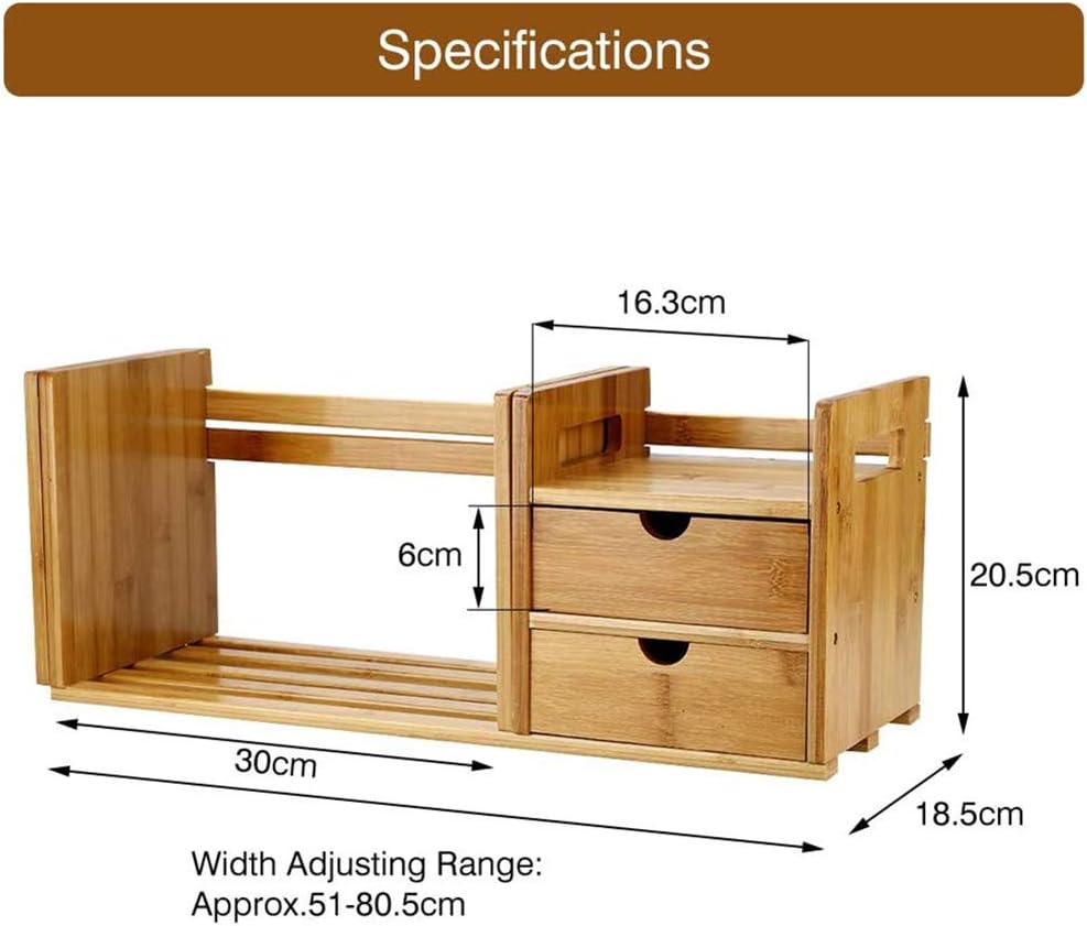 Bookshelf ，U HOOME Bamboo Wood Expandable Desk Organizer - Desktop Tabletop Organic Wooden Storage Shelves Bookcase w/Storage Drawer, for Book, Home Office File, Paper, Supplies, Cookbook