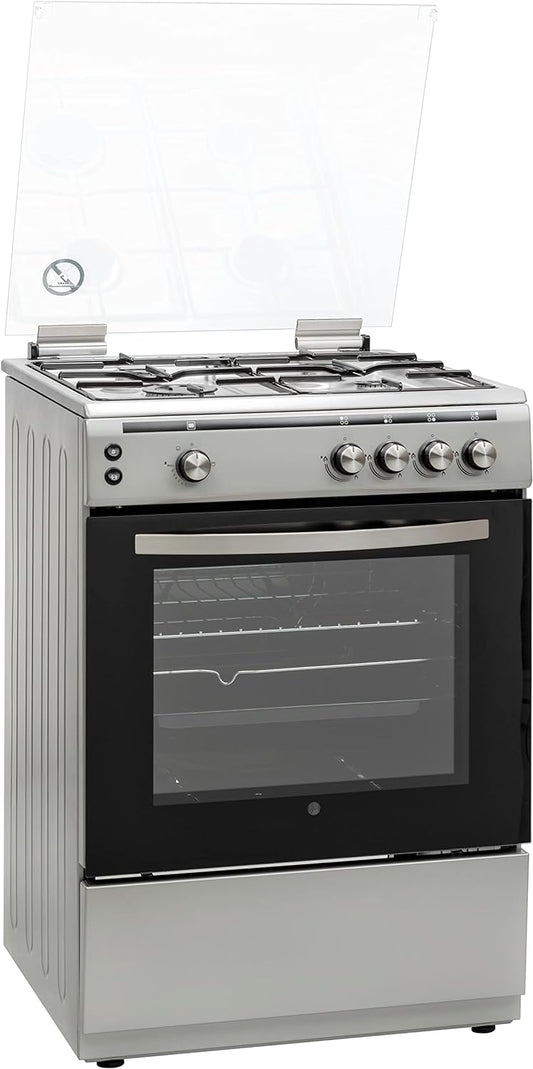 Hoover 60 X 60 Cm Full Gas Cooker And Grill, Full Safety Cooking Range With 4 Burners And Oven, Enamel Pan Support, Auto Ignition, Push Botton Knobs, FGC6060-S1V (Silver)