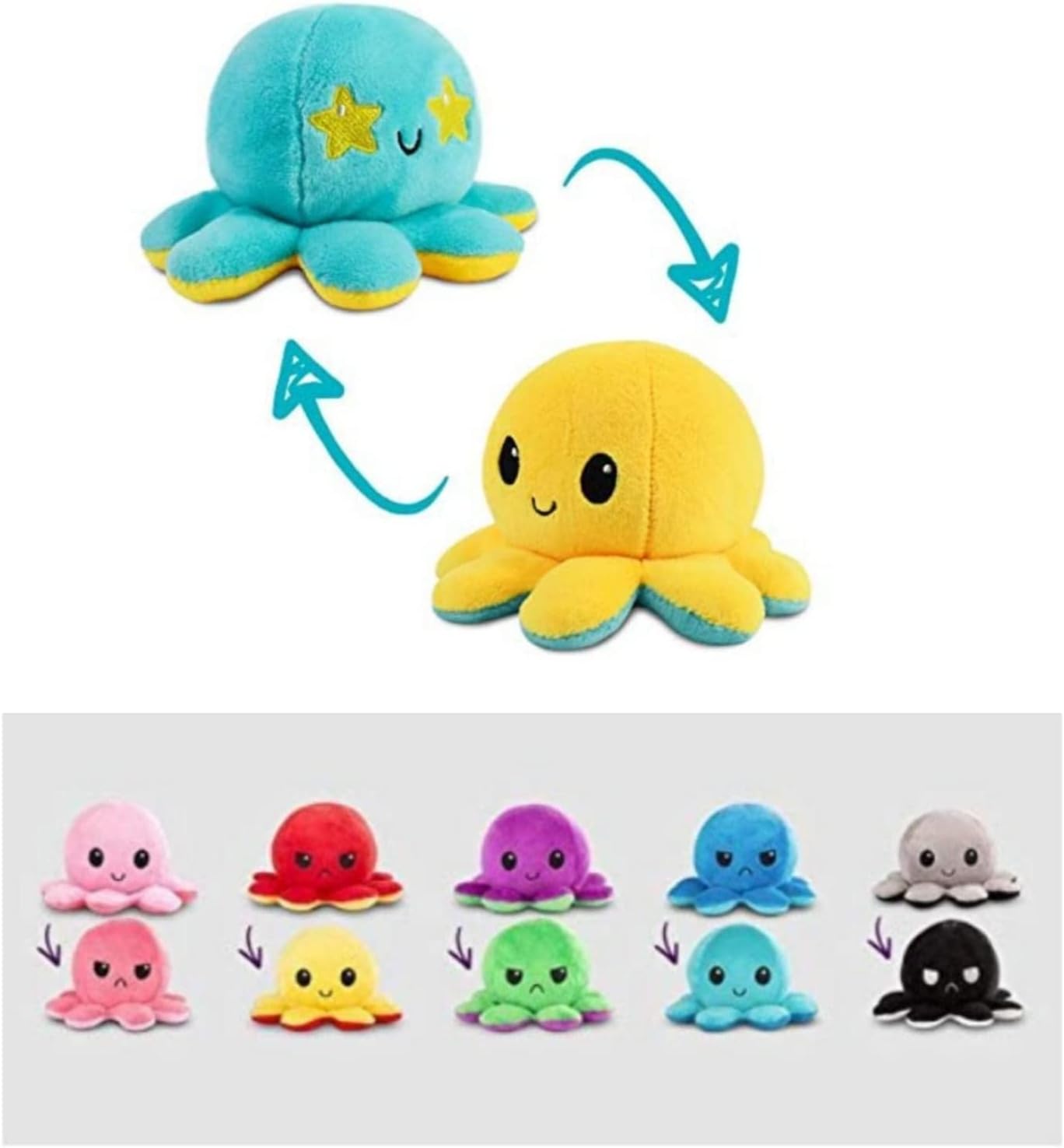 GrabMantra Reversible Octopus Plushie Soft Toys, Double-Sided Flip Stuffed Animal Mood Plush Show Your Mood Without Saying a Word, A Gift for Kids and Decorations | Happy + Angry | (Sunset + Mermaid)