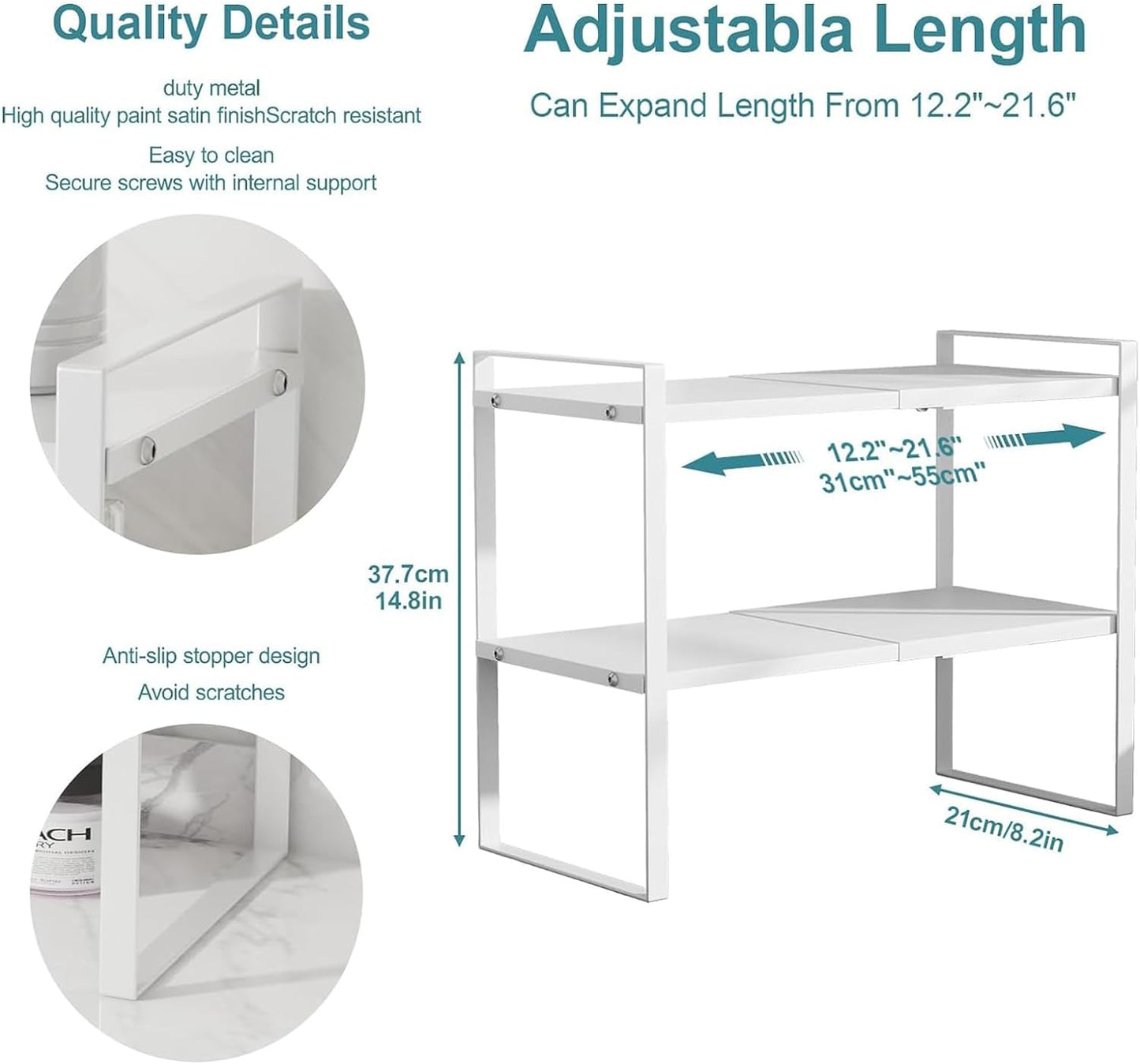 U-HOOME Expandable Cabinet Shelf Organiser Storage Rack 2 Tier, Kitchen Cabinet Organizer Shelf, Cupboard Stand Spice Rack, Stackable Heavy Duty Plate Pantry Shelves Space Riser for Kitchen (White)