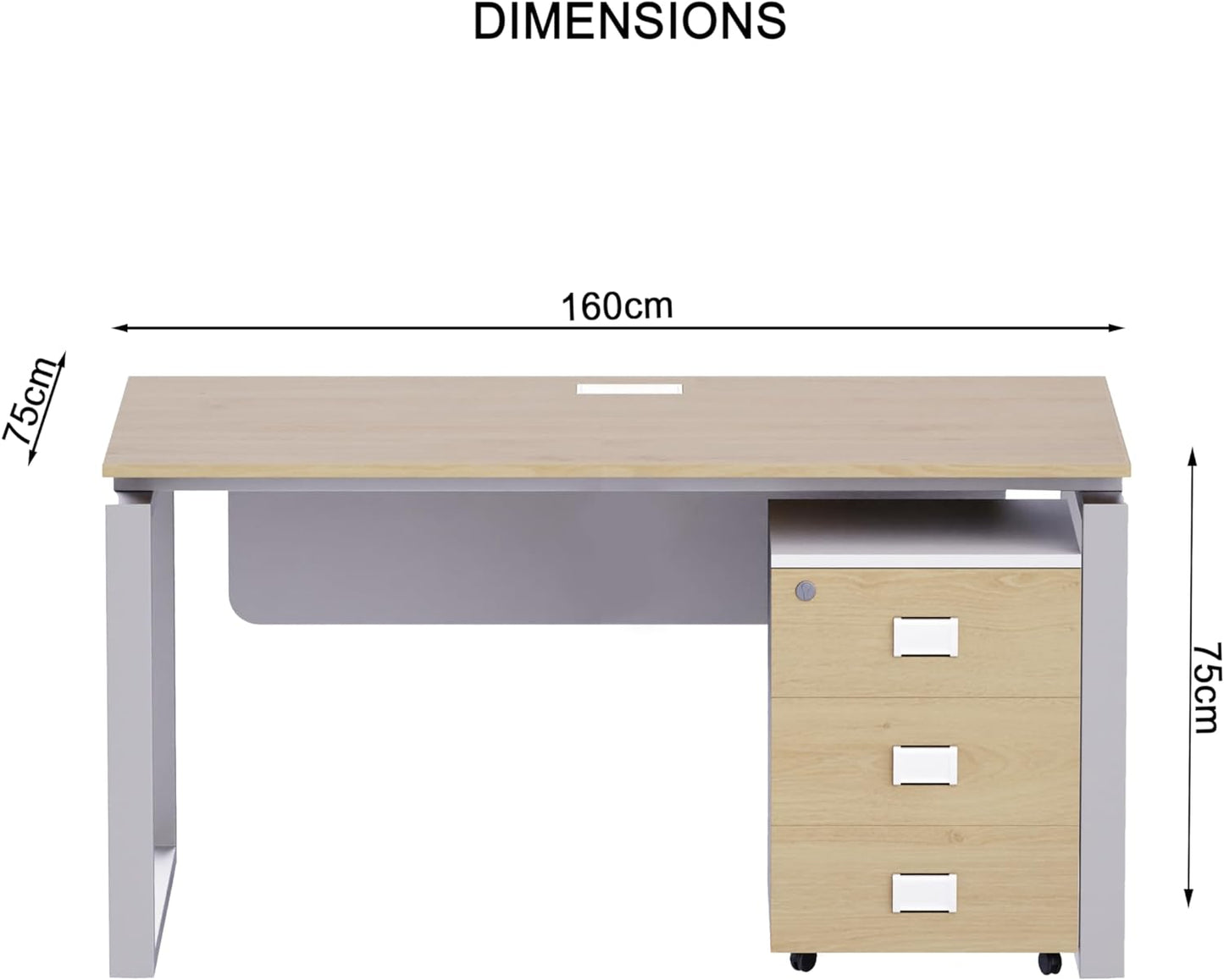 Mahmayi Carre Modern Workstation- Office Furniture with Steel Square Metal Legs, Silver Modesty Panel, Wood 3 Drawer Mobile Storage Unit, Tempered Glass Top for Office Executives, Home (140CM, White)