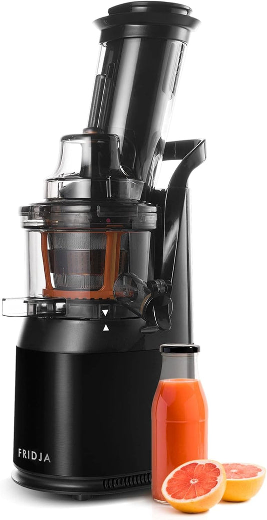 FRIDJA Powerful Masticating Juicer for Whole Fruits and Vegetables, Fresh Healthy Juice, Sorbet, Ice Cream, Wide Mouth 75mm Feeding Chute, BPA Free, 240-Watt, Cold Press, Black Stainless Steel f1900