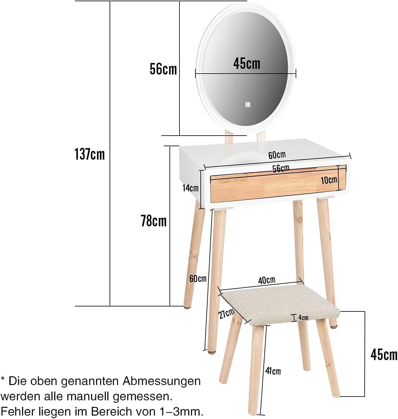 YU YUSING Dressing Table with Lighting, Dressing Table with LED Mirror Chair, Dressing Table, Cosmetic Table with Drawers, Stool Adjustable Brightness, Dressing Table, Vanity, Oak