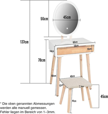 YU YUSING Dressing Table with Lighting, Dressing Table with LED Mirror Chair, Dressing Table, Cosmetic Table with Drawers, Stool Adjustable Brightness, Dressing Table, Vanity, Oak