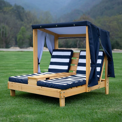 Wooden Outdoor Double Chaise Lounge can withstand 80 kg, Kid's Patio Furniture with Cup Holders, Double recliner for children with Honey Navy and White Striped Fabric (Blue,84.8*92.8*89.1cm,10.7kg)