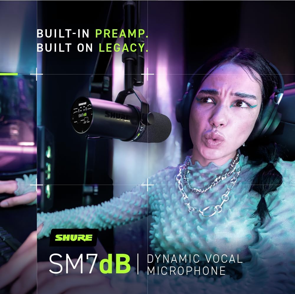 Shure SM7B, Cardioid Studio Microphone, Professional Vocal Recordings, Dynamic, For Live Streaming, PC Gaming & Podcast, Black