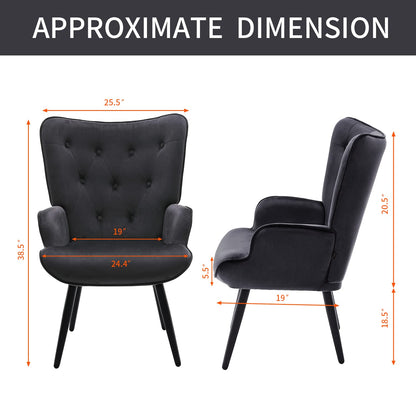 Furniliving Velvet Accent Chair Modern Upholstered Side Armchair with Tapered Legs Tufted Button Wingback Sofa Chairs Tall Back Reading for Living Room Bedroom Waiting Room, Black