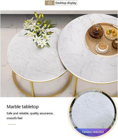 Coffee Tables for Living Room, Double-Layered Square End Side Tables Sofa Table, Modern Marble Nesting Table with Metal Frame Legs Set of 2 (White+square+Golden frame)