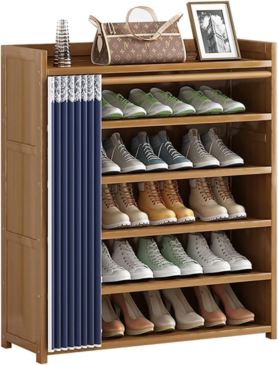 Wooden Shoe Rack, Shoe Cabinet with Dustproof Cover, Bamboo Free Standing Entryway Closed Shoes Organizer, Multi-Function Storage Shelf, Wood-Made Home House Office Furniture, Boots Stand (7.Tier)