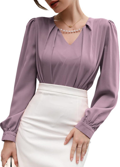 SHEIN Women's Elegant Pearls Notched Neck Puff Long Sleeve Shirt Blouse Top Purple S