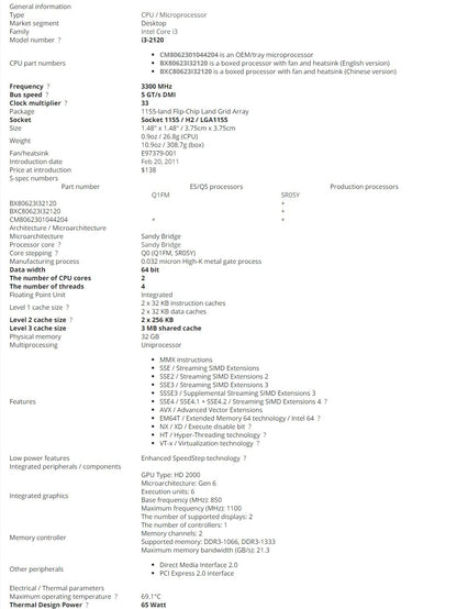 Intel Core I3-2120 I3 2120 3.3 GHz Dual-Core CPU Processor 3M 65W LGA 1155