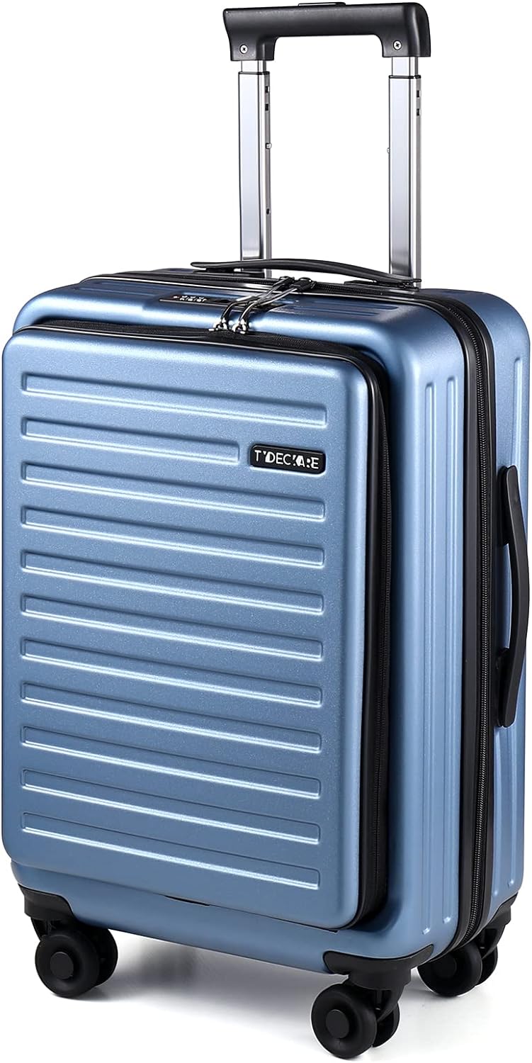 TydeCkare 20 Inch Carrry On Luggage with Front Zipper Pocket, 45L, Lightweight ABS+PC Hardshell Suitcase with TSA Lock & Spinner Silent Wheels, Convenient for Business Trips, Ice Blue