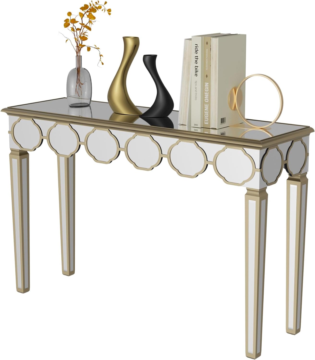 Wisfor Mirrored Console Table for Entryway: Luxury Glass Hallway Desk Narrow Table Top with Gold Rim Modern Slim Sofa Side Foyer Living Room Table, 120x35x76cm