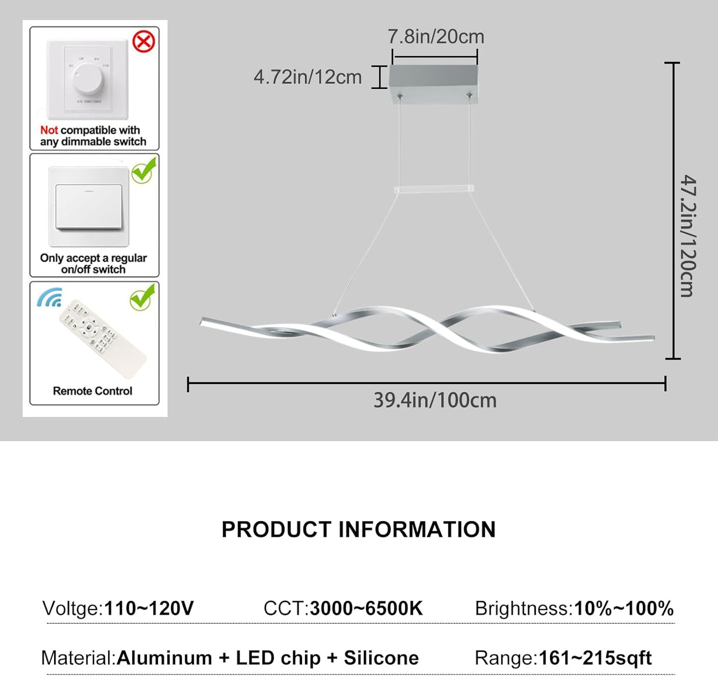 Jaycomey Modern Chandelier Light Fixtures Dimmable LED Pendant Light with Remote Control Acrylic Wave Chandeliers for Dining Rooms Bedroom Kitchen Restaurant 3000K-6000K 24W Black