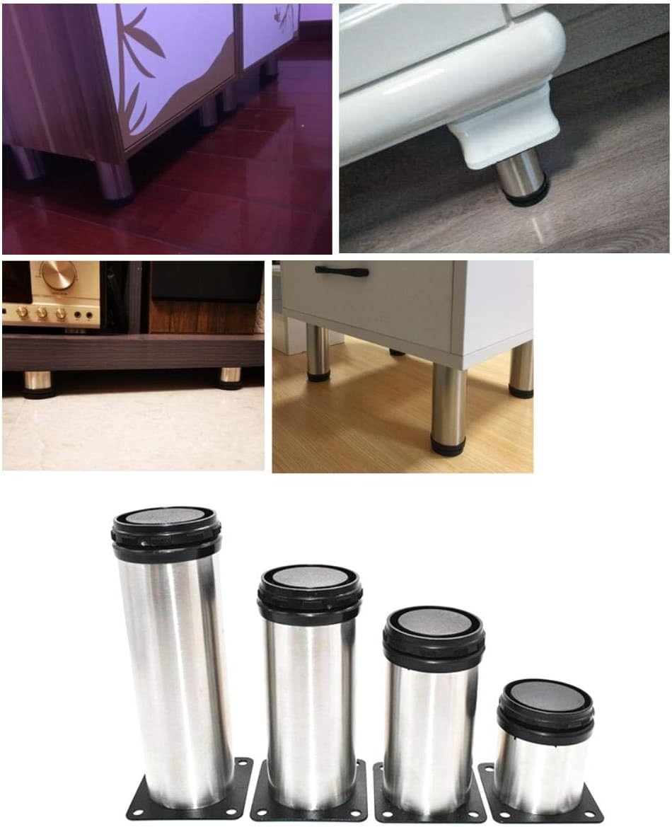 4 Pack Round Furniture Cabinet Stainless Steel Legs Adjustable Stainless Steel Feet for kitchen, bedroom, bathroom + 16x Stainless Steel Screw (80mm)