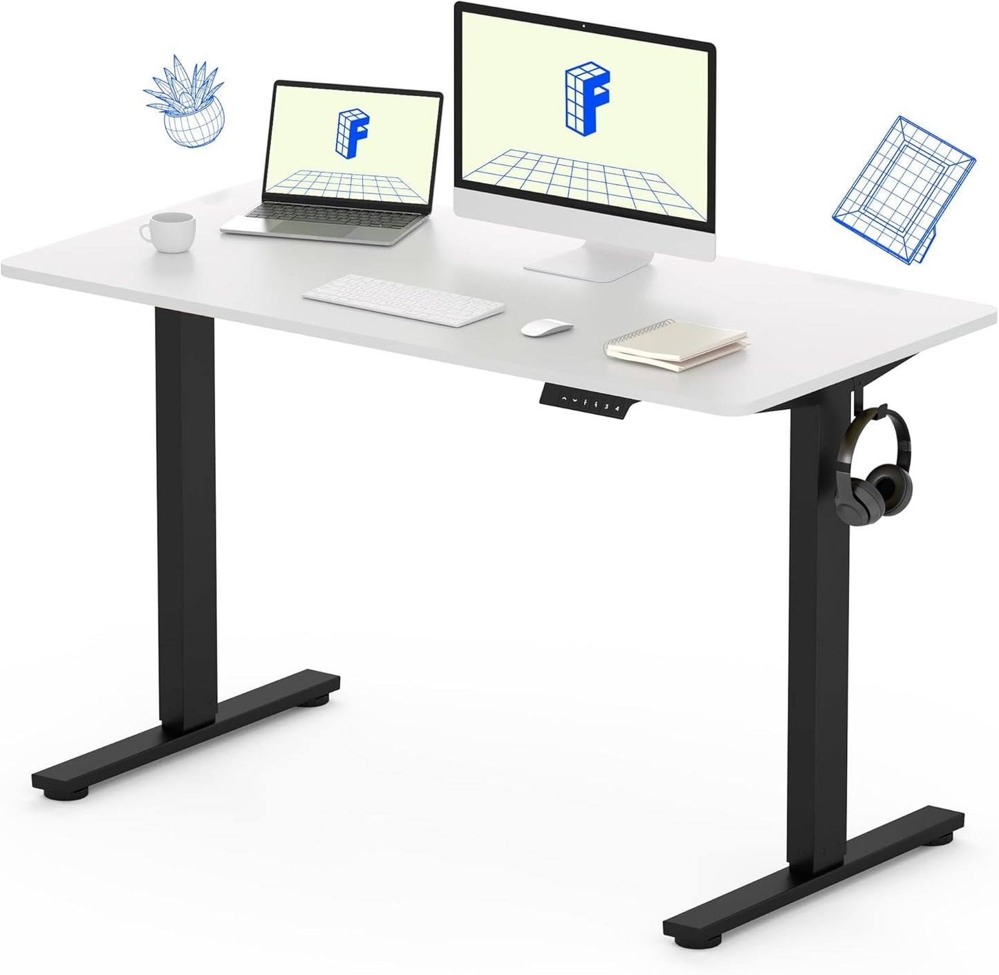 Flexispot 55 X 28 Inches Electric Stand Up Metal Desk Workstation, Whole Piece Desk Board Home Office Computer Standing Table Height Adjustable Desk Black Frame and 55 Black Top