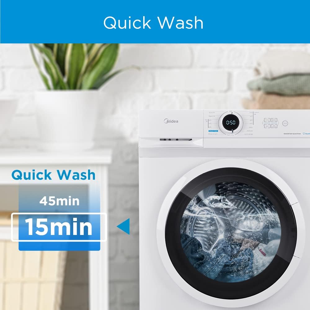 Midea 8KG Front Load Washing Machine with BLDC Inverter Motor, 1400 RPM, 15 Programs, Fully Automatic Washer with Lunar Dial, Integrated Digital Control-LED Display, Multiple Temperature MF100W80BTGCC