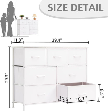 SKY-TOUCH Storage Cabinet : Bedroom Dresser with 7 Drawers Wide Storage Chest with Removable Fabric Bins Storage Organizer Unit for Living Room Entryway Hallway Nursery Kids Room (100*30*74CM White)