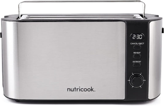 Nutricook Digital 4-Slice Toaster with LED Display, Stainless Steel Toaster with 2 Long & Extra Wide Slots, 6 Toasting Levels, Defrost|Reheat|Cancel,Removable CrumbTray,1500W,T104S, 2 year Warranty"