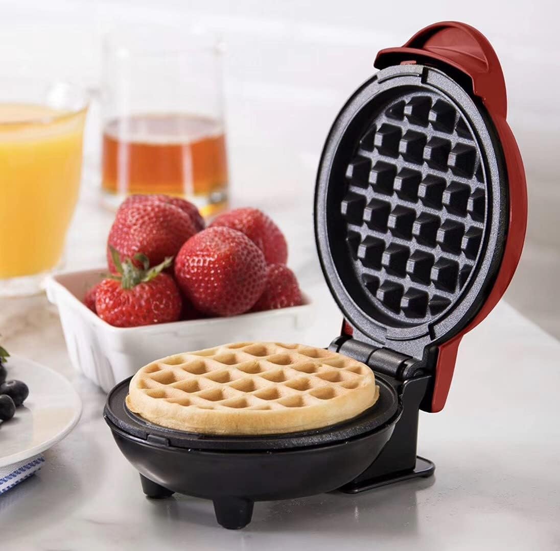 Beauenty 350W Mini 4 Inch Waffle Maker Machine for Individuals, kids party, Paninis, Hash Browns, Other On the Go Breakfast, Lunch,or Snacks, with Easy to Clean, Non-Stick Sides (Red)