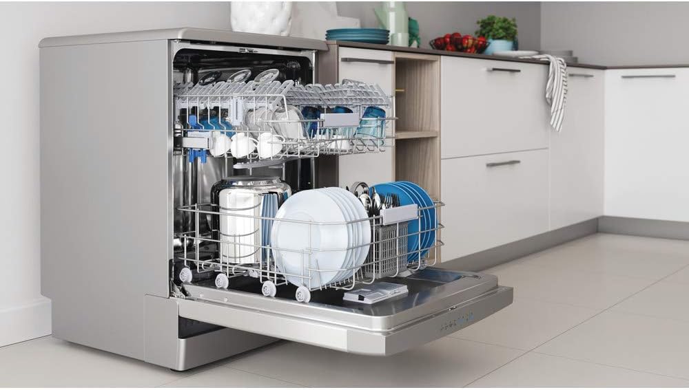 Indesit Dishwasher Freestanding Full Size 14 Place Settings, 8 Programs Delay Timer, Extra-Hot 72°c Rinse.Designed for Smaller loads -Made in Poland, Inox colour DFO-3C23XUK