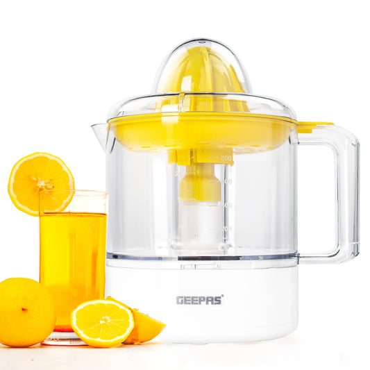 Geepas Portable Citrus Juicer Set Non Slip Feet Transparent Lid Plastic Body Effortless Juicer with 2 Cones Bi-Direction Twist for Quick Nutritious Juices 1 L 25 W GCJ9900 Yellow/White