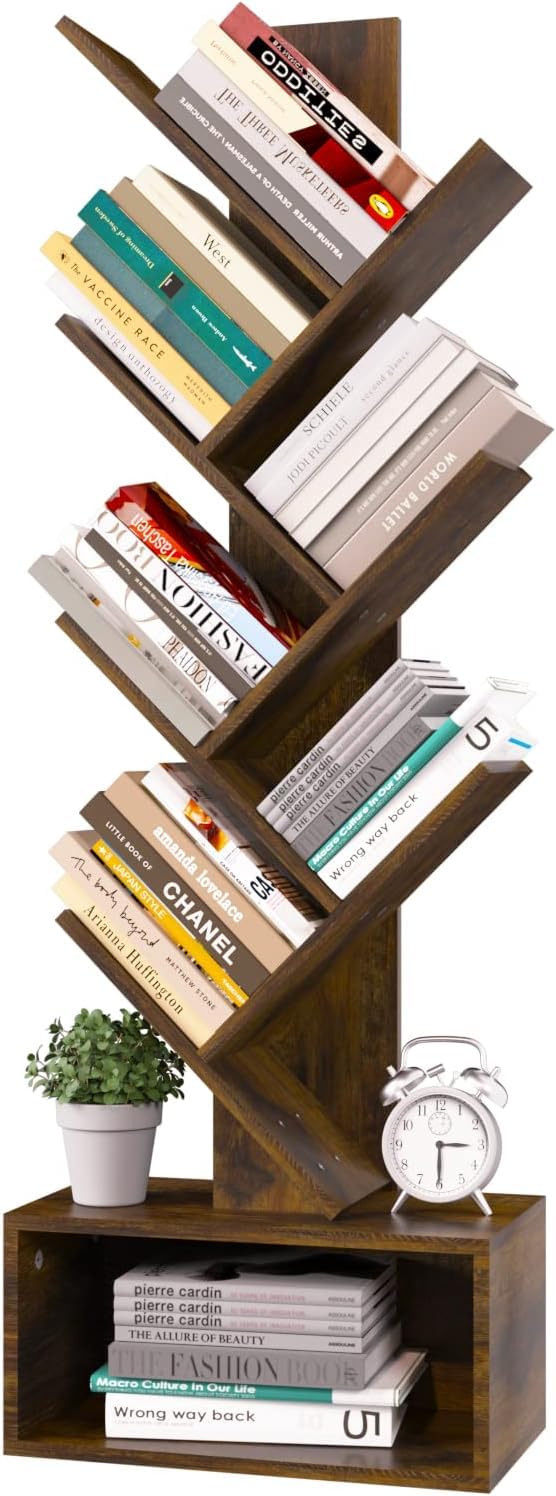 Tree Bookshelf - 6 Shelf Retro Floor Standing Bookcase, Tall Wood Book Storage Rack for CDs/Movies/Books, Utility Book Organizer Shelves for Bedroom, Living Room, Home Office