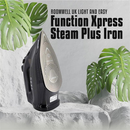 Roomwell UK Lightweight & Compact Xpress Steam Plus Iron with Durable Soleplate, Triple cleaning function (2400W_Black)