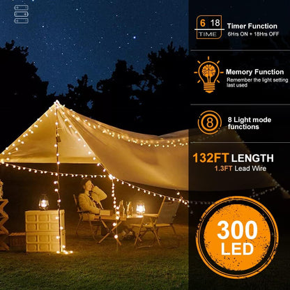 Quntis Battery Powered Led String Lights,132FT 300 LEDs Twinkle Outdoor Lights 8 Mode with Timer Decoration for Patio Decor Gazebo Balcony Garden Bedroom Holiday Camping Party Christmas, Warm White