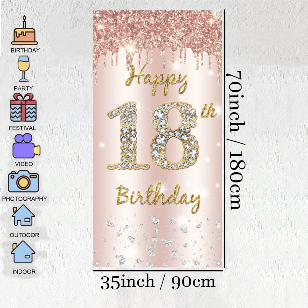 18th Birthday Girl Decoration, Happy 18th Birthday Door Banner Rose Gold, 18th Birthday Fabric Sign Poster Door Decoration, 18th Birthday Background Banner, Birthday Party Welcome Sign