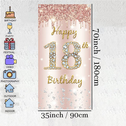 18th Birthday Girl Decoration, Happy 18th Birthday Door Banner Rose Gold, 18th Birthday Fabric Sign Poster Door Decoration, 18th Birthday Background Banner, Birthday Party Welcome Sign