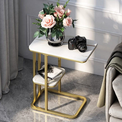 Coffee Tables for Living Room, Double-Layered Square End Side Tables Sofa Table, Modern Marble Nesting Table with Metal Frame Legs Set of 2 (White+square+Golden frame)