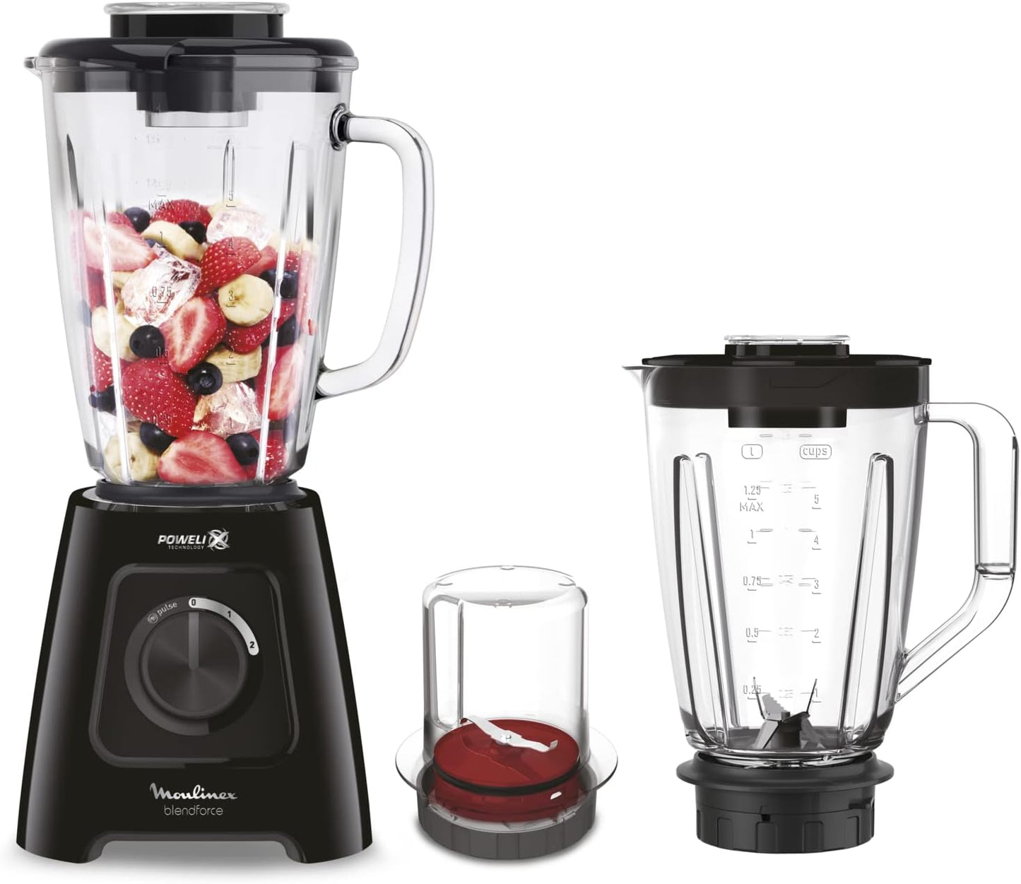 MOULINEX Blender | BlendForce XXL Jar 2.8 L Blender Smoothie Maker | Mixer | 600 W | 2 Attachments | 2.8L XXL Plastic Jar| 6 Powelix Blades | Ice Crush | 2 Speeds | 2 Years Warranty | LM458127