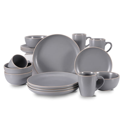 BOBOYM Dinnerware Set,16 Piece White Round A grade Stoneware Dinnerware Set for 4, Kitchen Plates And Bowls Set with Mugs,black dinnerware set