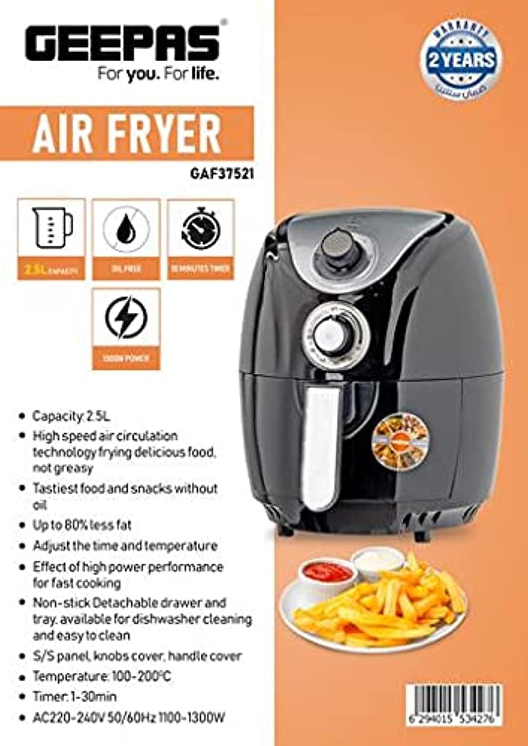 Geepas 2.5L Capacity Air fryer |1300W Air Fryer With Rapid Air Circulation System|Black"Min-1 year manufacturer warranty"-GAF37521