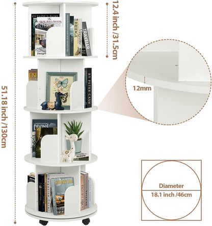 yeshine 4-Tier Rotating Bookshelf, 360° Rotating Bookcase with Castors Corner Display Storage Shelf Floor Standing Book Shelves for Bedroom Living Room Study Office