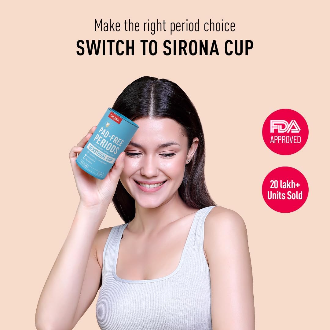 Sirona Reusable Menstrual Cup for Women with Pouch | Ultra Soft Odour & Rash Free | 100% Medical Grade Silicone | No Leakage | Protection for Up to 8-10 Hours | US FDA Registered - Medium (Pack of 1)