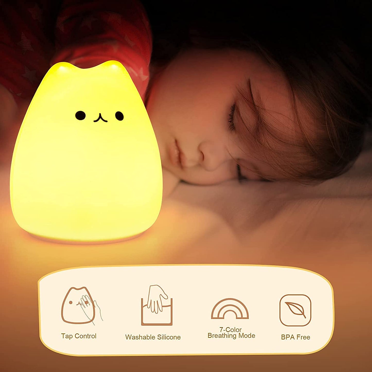 LED Cat Night Light, Battery Powered Silicone Cute Cat Nursery Lights with Warm White and 7-Color Breathing Modes for Kids Baby Children (Mini Celebrity Cat)