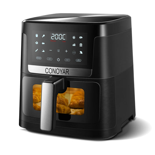 CONOYAR Air Fryer 7L with Window, stainless steel air fryer oven led touch screen for 12 presets, easy clean Airfryer for home of 4 with automatic shut off, oilless, ptfe free, dishwasher safe, 1800w