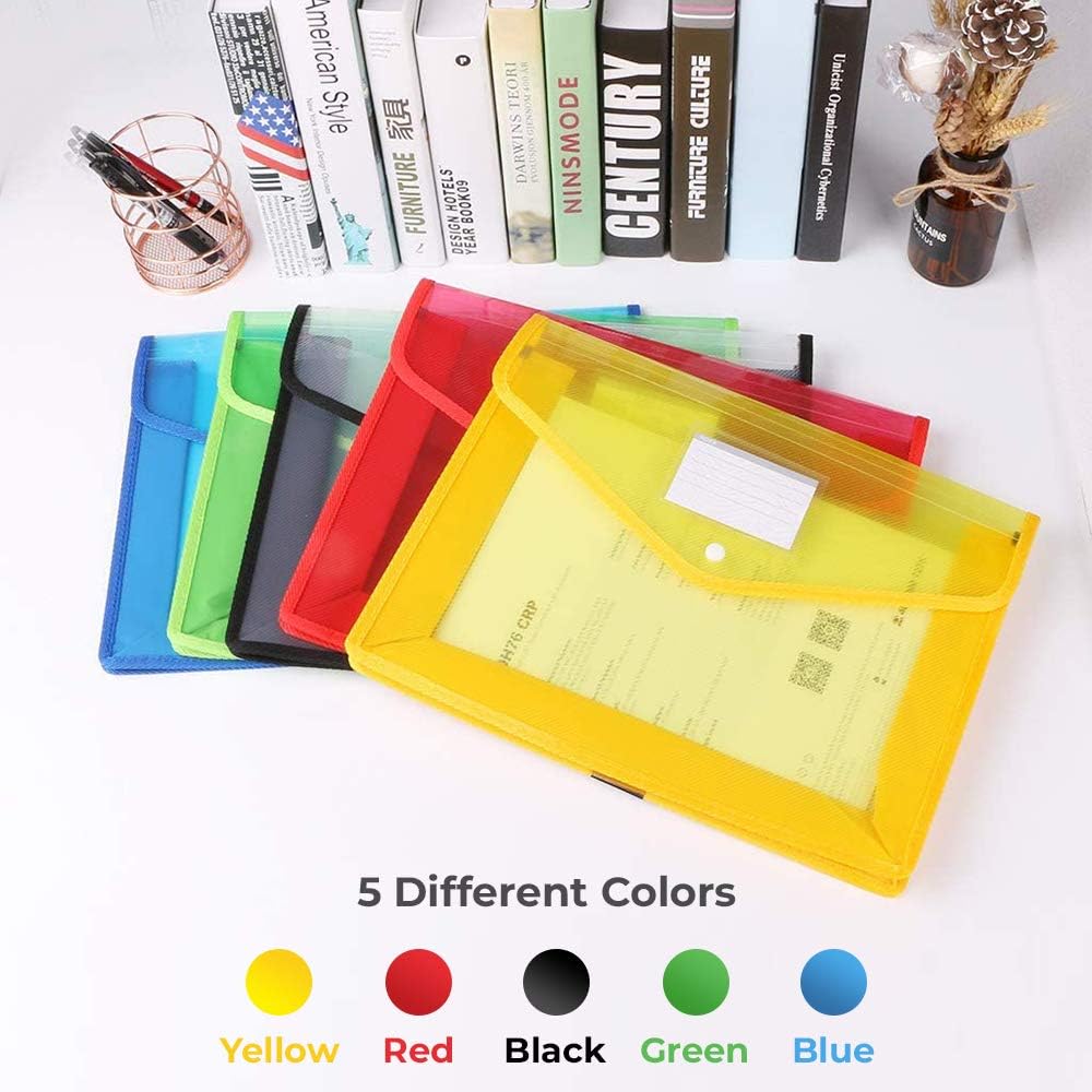 ESSEN Plastic File Folder Expanding A4 Size Poly Envelope Folder Clear Portfolio Bag Transparent Wallet Accordion Expandable File Organizer Document Holder for School Office Home (5 Colors)