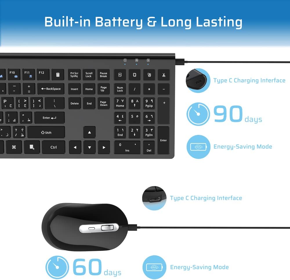 Wireless Keyboard Mouse Combo, Stylish Slim Rechargeable Keyboard and Mice 2.4G 109 Keys Full-Size Quiet Rechargeable Keyboard Mouse Set for Windows Computer Laptop BLACK