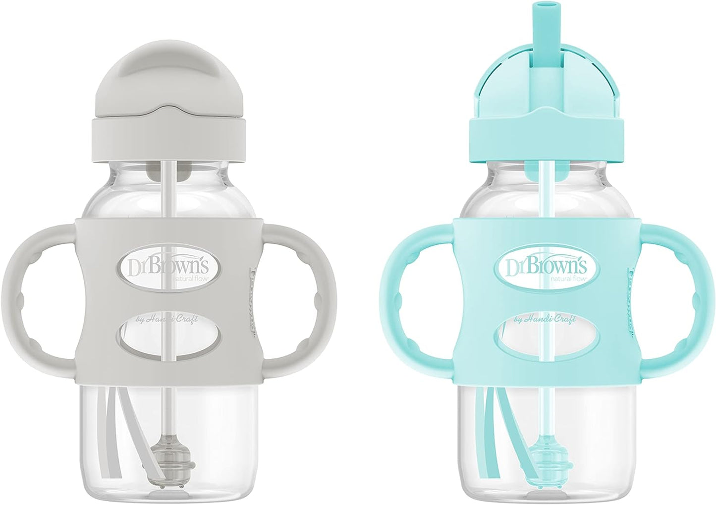 Dr. Brown’s® Milestones™ Narrow Sippy Straw Bottle with 100% Silicone Handles, 8oz/250mL, Gray & Blue, 2 Pack, 6m+