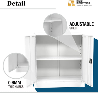 RIGID Office Cupboard Low Height, Steel Filing Cupboard, Cabinet with Shelves Storage Compartment (White)